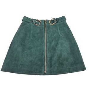 NBD Elise Suede Leather A-Line Mini Skirt Green Gold Zip High Waist Size 4